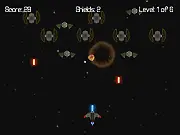 Space Action free online shooter game screenshot showing the player's ship at the bottom shooting lasers at blocky, pre-rendered enemy space ships descending from the top.