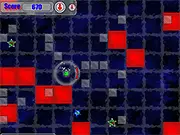 Blockdodge online game screenshot showing an avatar avoiding multiple red falling blocks while chasing yellow stars