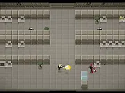 Screenshot of Guradamajack zombie shooter game showing the character firing a laser gun at a group of walking dead enemies in a factory
