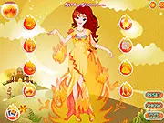 Screenshot of the Fire Princess Dressup online game, showing a beautifully styled princess with long red hair and a flowing fiery gown, surrounded by magical fire effects.