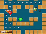 Screenshot of Frog Eat Flies free online game showing a green frog character aiming its tongue at a small fly while a red monster patrols nearby