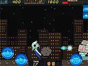 Pixel Rush free online arcade shooter screenshot, showing a player's spaceship firing lasers at multiple invading alien pixel characters.