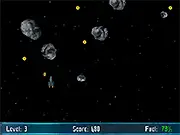 Gameplay screenshot of Asteroid Storm online showing a small spaceship dodging large space rock asteroids while fuel gauge is visible