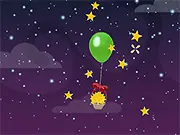 Screenshot of The Night the Starry Sky online game, showing a hot air balloon collecting yellow stars in a dark blue night sky using a magic fan