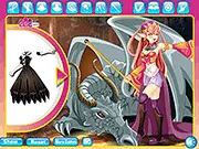 Screenshot from Girl and the Dragon game showing a queen in a gown standing next to a large blue dragon, play free dress up online