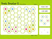 A screenshot of the online puzzle game Brain Breaker 2 showing colorful and shaped pieces being matched on the board