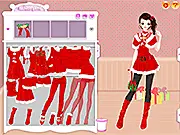 Red Christmas Dress Up free online game featuring a model in festive red and green holiday clothes and accessories on PlayArcadeHub.