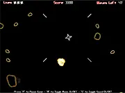 Shooting Star Retro Blaster online game screenshot showing a small spacecraft firing at pixelated alien enemies in a space background