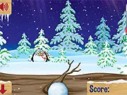 Screenshot of Flying Snowballs online action game showing snowballs being thrown between a character and mischievous penguins in a snowy setting