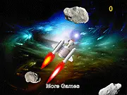 Screenshot of SL Blasteroids free online space shooter game, showing a spaceship blasting large asteroids in a dark space environment