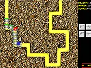 Free online game Crab Attack tower defense action screenshot, defending against a horde of red crabs with powerful turrets and defense towers
