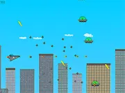 Screenshot of the free online shooter game Alieninator3000, showing a spaceship firing missiles at numerous alien invaders over Earth