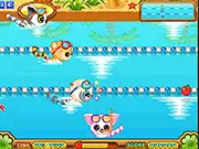 Screenshot of Yoohoo's Swimming Contest, showing the animated animal characters racing in a blue swimming pool, competitive free online game