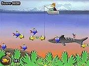The Go Fishing online game screen showing a fishing boat, a descending hook, and various colorful fish swimming in the water.