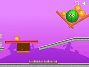 A watermelon being launched across a complex physics puzzle level towards a set of deadly metal spikes in the Melon Final Pack online game.