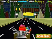 Kart Revenge free online racing game screenshot, showing a fast kart dodging sharp obstacles on a track while a power-up icon is visible.