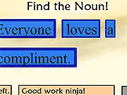 Grammar Ninja educational game screenshot, character slicing words to identify parts of speech like nouns and verbs, play free online