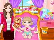 Mom Newborn Shopping free online game showing a mother buying baby essentials like diapers and dressing her newborn in a cute outfit on PlayArcadeHub.
