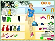 Discovering Poetic Beach dress up game, showing a girl in a flowing resort outfit and hat standing by the water