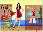 A girl wearing a stylish summer outfit and sunglasses, standing on sparkling white sand, ready for the beach dress up game