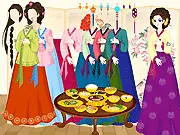 Lovely Korean Hanbok dress up game showing a girl wearing a beautiful, colorful traditional Korean dress with elegant hair accessories