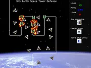 Screenshot of SH3 Earth Space Tower Defense game, showing spaceship stations defending Earth from aliens in space