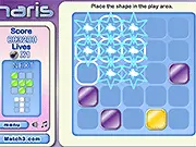 The main screen of the Inaris Block Puzzle game, showing a 10x10 grid being filled with various colored geometric block shapes.