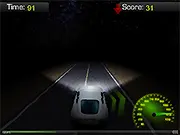 The main screen of the Night Driver 3D game showing a car driving at high speed down a dark, winding road with visible road lines and a high score counter