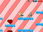 Valentine Elves shooting game, elf character defending large hearts from pink enemies.