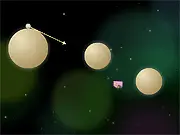 Celestia's Cake Golf Adventure In Space game screenshot, golf ball traveling through space toward a cake on a small planet, free online physics puzzle