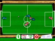 Cars Football online game screenshot showing two opposing cars accelerating toward a giant soccer ball in a stadium arena