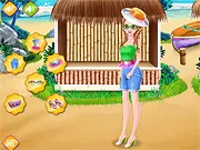 Screenshot from Girls Island Party Day showing the three girls standing by the beach next to their newly repaired party boat, ready to choose their outfits.