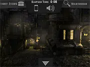 Escape 3D The Town free online game screenshot, first-person view of a dark cobblestone village, PlayArcadeHub