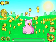Screenshot of Coin Mania, showing a cracked piggy bank surrounded by golden coins flying in the air, representing a successful money collection.