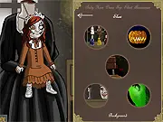 Creepy Doll Maker free online game screenshot, showing a customized horror doll with a cracked face, button eyes, and vintage, tattered clothing.