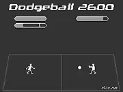 Dodgeball 2600 online game screenshot showing two pixelated, black-and-white figures on a court, representing the minimalist 8-bit style.