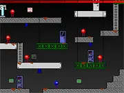 Screenshot from the action game Doop, showing the main character shooting a laser from their mouth-blaster at a small, alien enemy in a sci-fi environment.