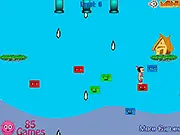 Gourds Adventure free online arcade game screenshot, a character attempting to collect gourds inside a house while dodging dangerous objects.