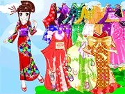 Japanese Kimono Dress Up game screen, girl wearing a traditional kimono, play free Japanese costume game online