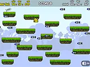 Catspring Dodge Game free online gameplay screenshot, a cartoon cat jumping to avoid incoming missiles while collecting fish.