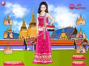 Screenshot of the Bangkok Dress Up free online game interface, showing a girl wearing a stylish dress with a beautiful Thai temple in the background.