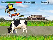 Screenshot of Skater Mania online game showing a skateboarder jumping over a large brown cow on a city street.