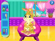Baby Easter Bunny Rescue game screenshot showing a cute bunny with bandages and a nurse on PlayArcadeHub