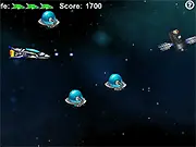Screenshot of the Space Shoot Flash free online game showing a player's spacecraft firing at a wave of alien enemy ships.