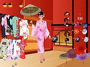 Screenshot of Japanese Kimono Dress Up online game showing a stylish girl wearing a traditional red kimono and obi, a free fashion game