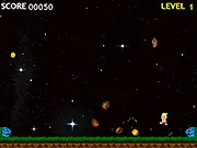 Screenshot of the Space Wonder Jump free online game showing the character jumping to avoid a falling meteorite or space obstacle.