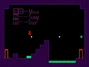 The Purple Machine character jumping on a green enemy projectile toward an open exit door in a 2D pixel art level.