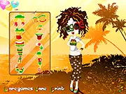 Screenshot of the Reggae Girl Dressup free online game showing a character wearing a colorful reggae style outfit ready for the beach.