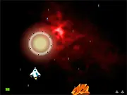 Screenshot of the Space Fighters free online game, showing a player's upgraded starship battling waves of enemy ships and asteroids.