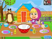Masha's Russian Garden Salad cooking game – Masha mixing ingredients in a bowl in a sunny garden setting